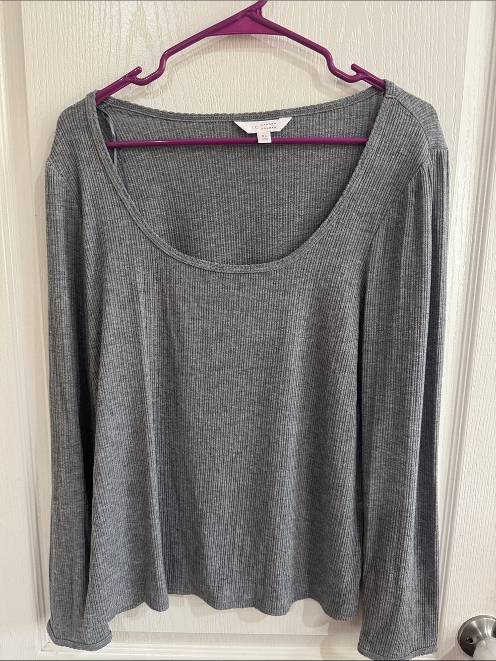 LC Lauren Conrad Heather Gray Ribbed Scoopneck Long Sleeve Top
